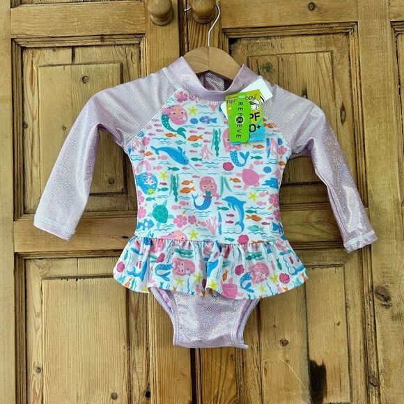 NWT FlapHappy 6M UPF 50+ Rashguard Swimsuit Mermaid Fish Glitter Pink Baby - Picture 1 of 10